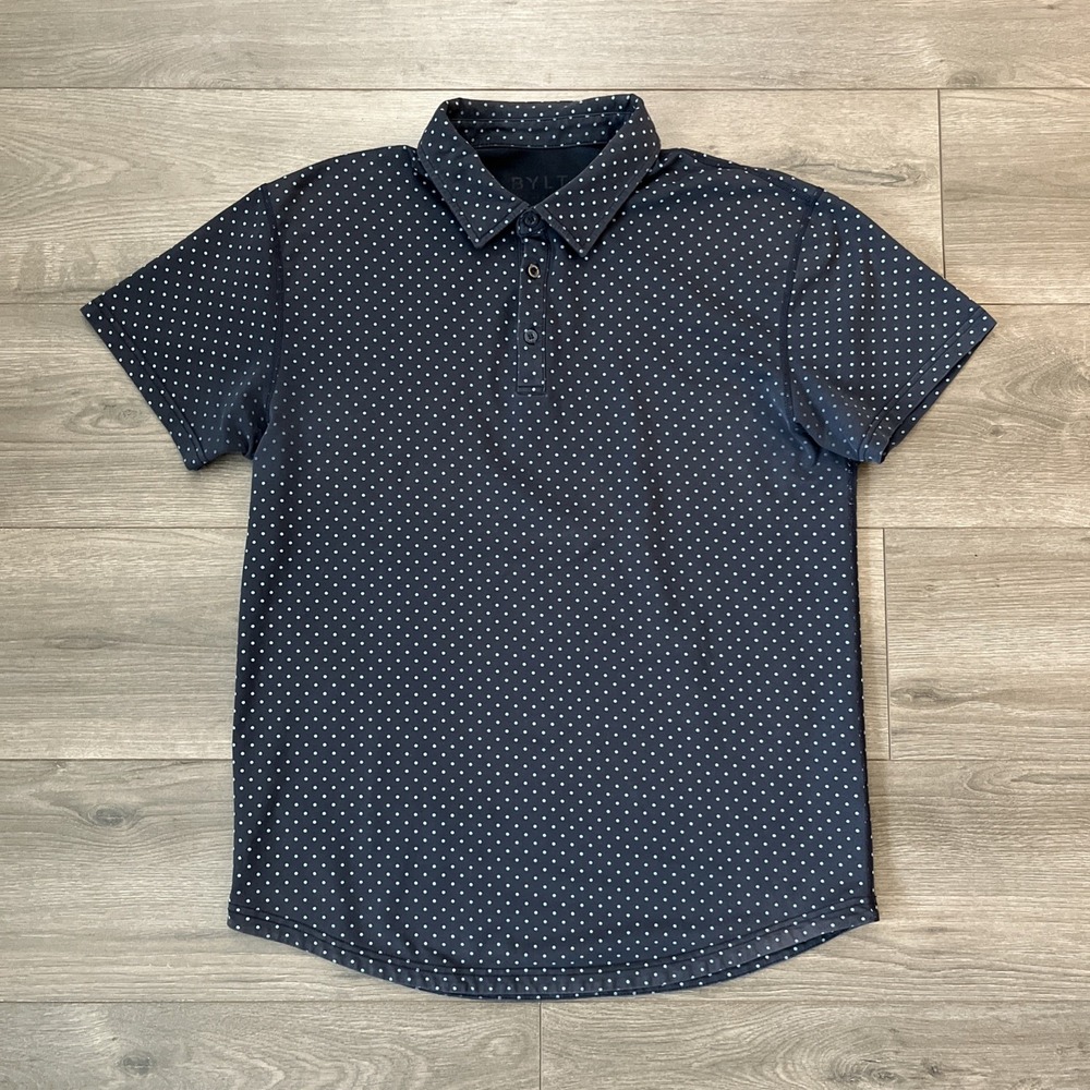 BYLT Drop Cut S/S Polo Mens L Black W/Aqua Spotted Short Sleeve